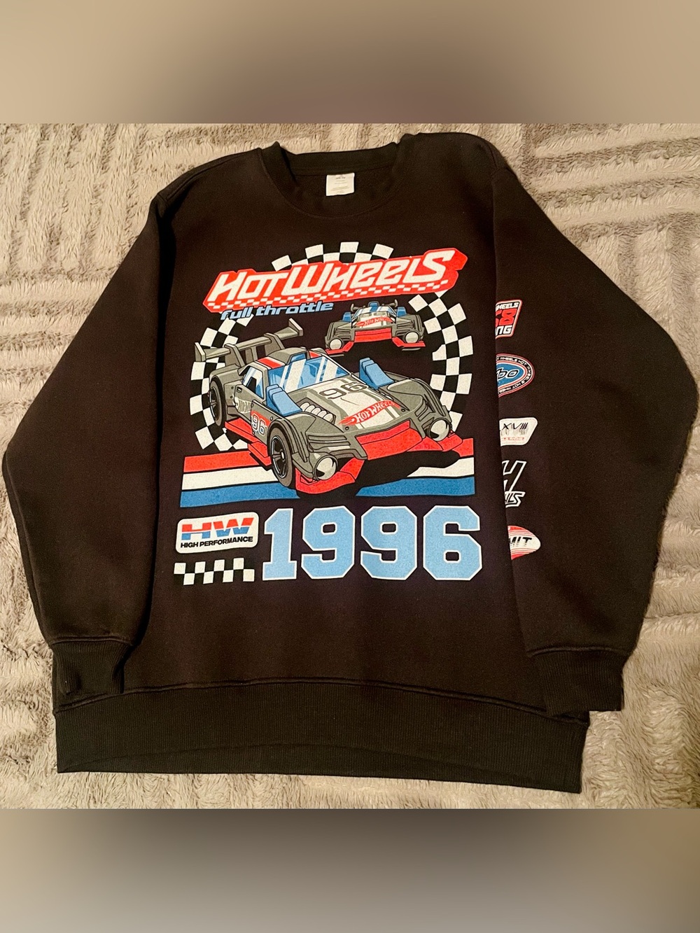 Adult XS Hot Wheels 1996 Graphic Crewneck Sweatshirt, Black
